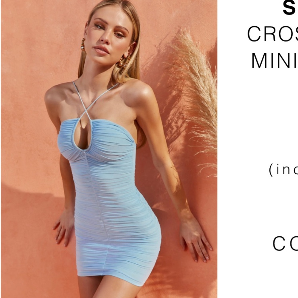 Oh Polly Blue Peep hole criss cross scrunched mini dress